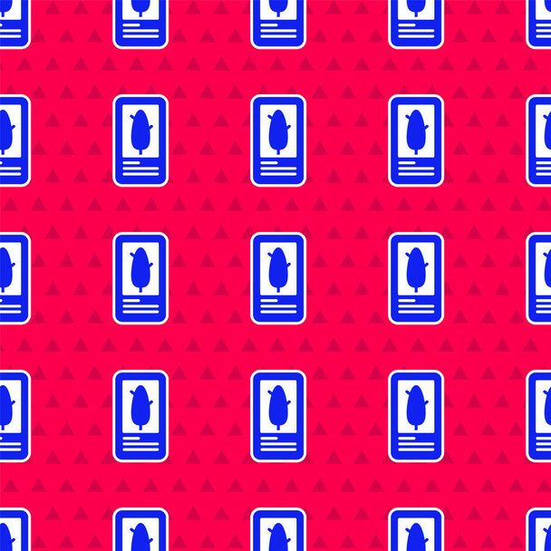 青いタロットカードアイコンは、赤の背景にシームレスなパターンを隔離します。タロットカードの魔法のオカルトセット。ベクトル. - ベクター画像