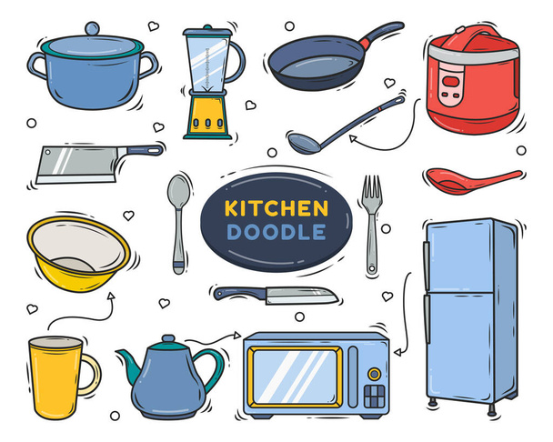 Matériel de cuisine dessiné à la main dessin animé conception de doodle - Vecteur, image