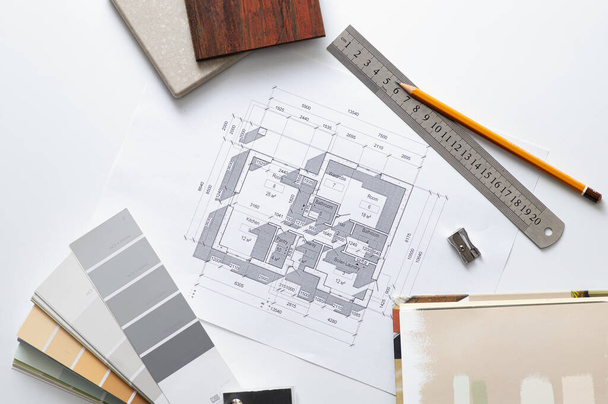 архитектурный план дома, выбор материалов для дизайна, цветовая палитра, образцы материалов - Фото, изображение