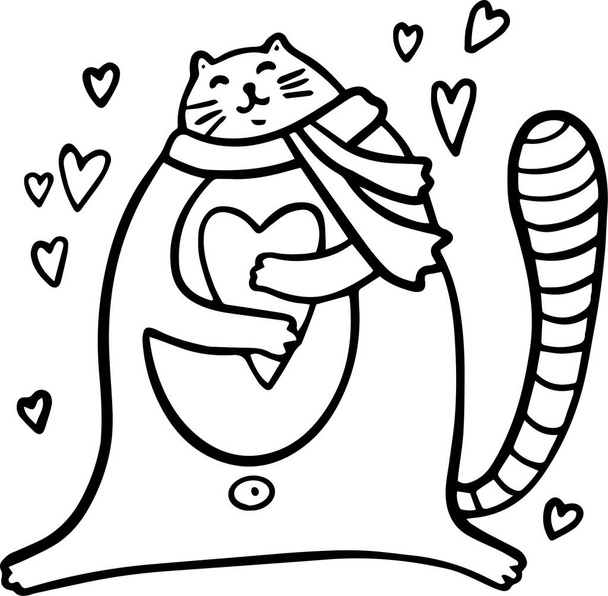 子供や大人のぬりえのページのための心を持つ愛の猫。白い背景のベクトルイラスト - ベクター画像