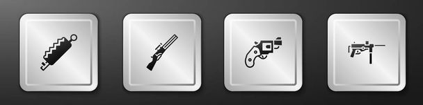 Set Trap hunting, Hunting gun, Small revolver and Submachine M3 icon. Silver square button. Vector. - Vector, Image
