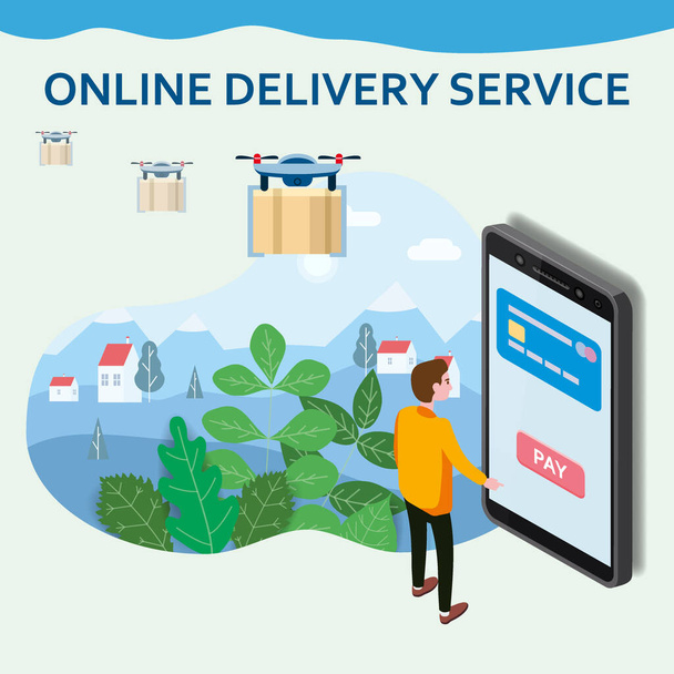Online Delivery Service drons template. Man buyer smartphone, shipping, delivery. E-commerce concept. Online goods order. Isolated vector - Vector, Image