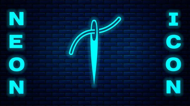 Glowing neon Needle for sewing with thread icon isolated on brick wall background. Tailor symbol. Textile sew up craft sign. Embroidery tool.  Vector. - Vector, Image