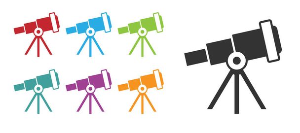Black Telescope icon isolated on white background. Scientific tool. Education and astronomy element, spyglass and study stars. Set icons colorful. Vector. - Vector, Image
