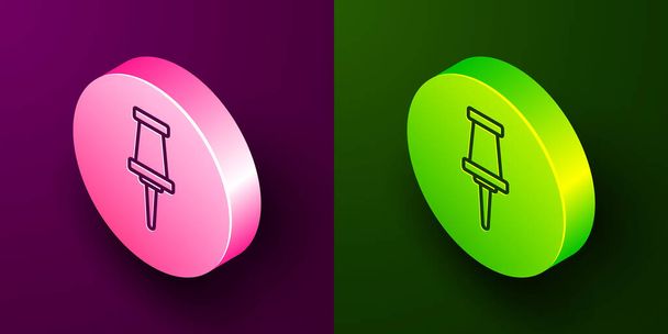 Isometrische Linie Push-Pin-Symbol isoliert auf lila und grünen Hintergrund. Daumen drücken. Kreis-Taste. Vektor. - Vektor, Bild