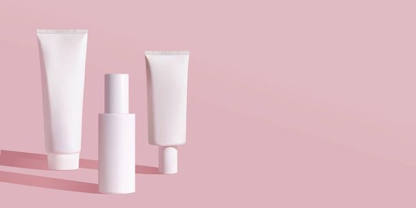  Cosmetic white bottles mockup: tube, cream, spray bottle. Womens cosmetic accessory for skin care, cleansing, makeup, toning. Fluid, lotion, toner, serum, cream,sanitizer. - Vector, Image
