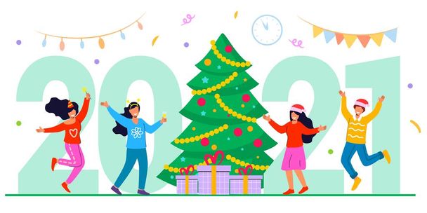 Happy people celebrating merry Christmas and happy new year dancing at christmas party flat vector illustration Bureau gens d'affaires Équipe Santa Hat - Vecteur, image