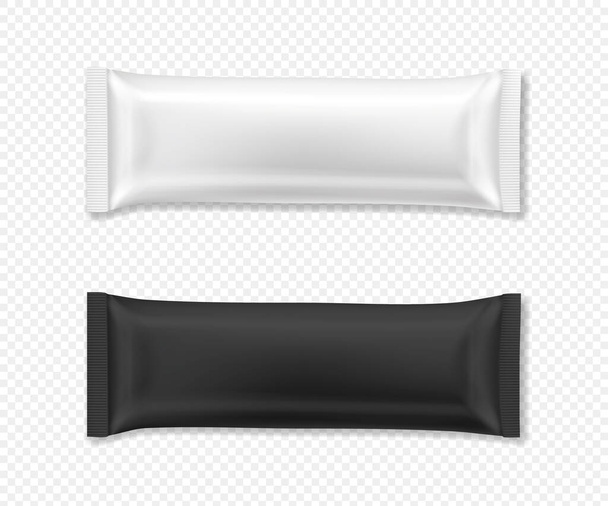 Mockup van het stroompakket. Vector realistische illustratie van chocolade bar wrapper pack, in witte en zwarte kleur, bovenaanzicht. Kant-en-klaar snack in blanco folieverpakking voor productontwerp en branding - Vector, afbeelding