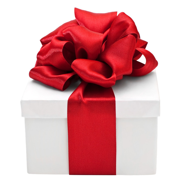 Біла подарункова коробка з червоним бантом, ізольована на білому
 - Фото, зображення