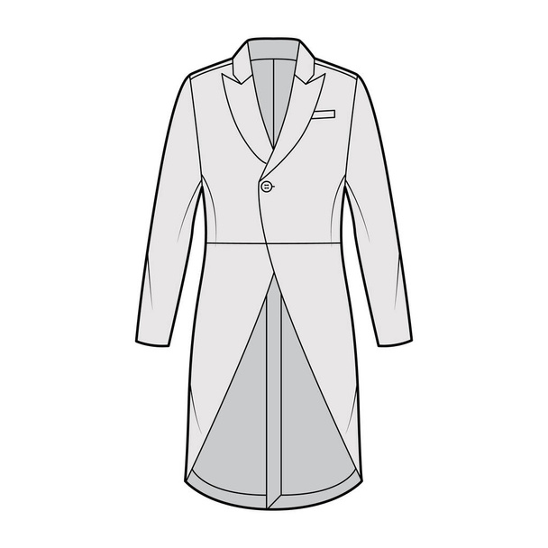Morning coat jacket technical fashion illustration with long sleeves, peaked lapel collar, cutaway front, welt pocket. - Vector, Image