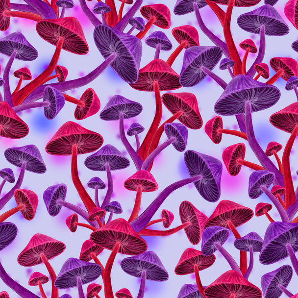 Magic mushroom forest seamless pattern, pink neon toadstool - Photo, Image