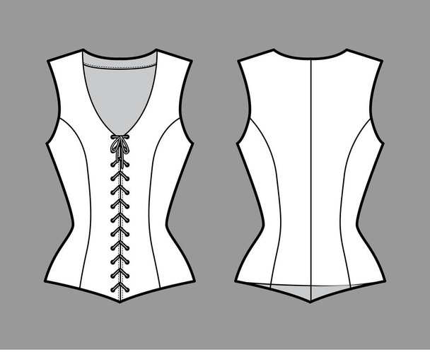 Bodice vest vest technische mode illustratie met mouwloze mouwen, V-hals, vetersluiting aan de voorkant, passende body - Vector, afbeelding