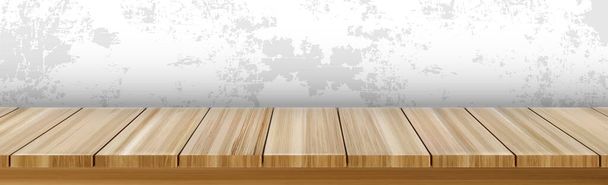 Mesa de madera realista en el fondo de una vieja pared gris - Ilustración vectorial - Vector, imagen