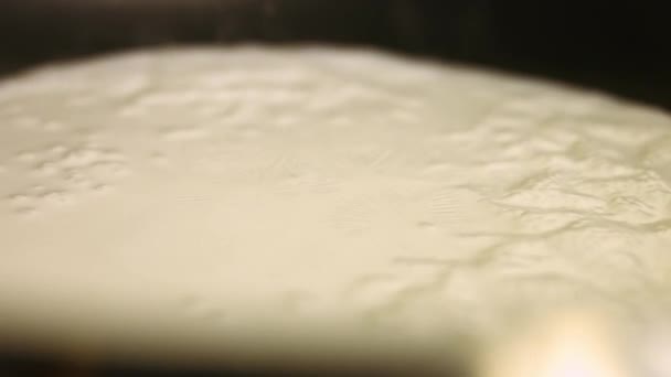 Mezcla de leche y agua hirviendo en una sartén. Preparando la salsa para el pollo. El proceso de cocción shkmeruli - el plato georgiano. Vista macro - Metraje, vídeo