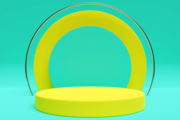 幾何学的組成の背景に黄色の円の表彰台の3Dイラストが立っています。3Dレンダリング。ミニマリズム幾何学的背景 - 写真・画像