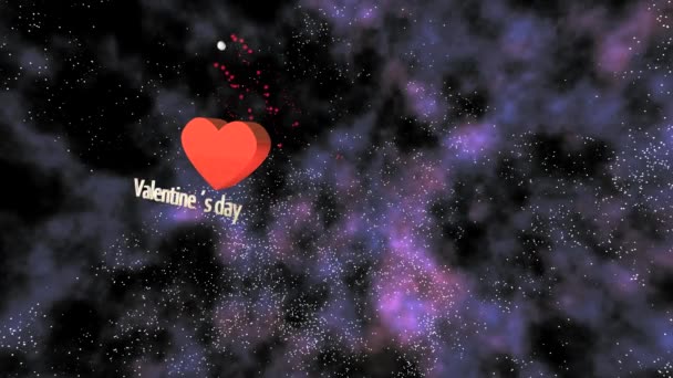 Corazón de metal flotando en la galaxia mientras una estrella roja la rodea en la galaxia junto al texto escrito en 3D Día de San Valentín - Imágenes, Vídeo