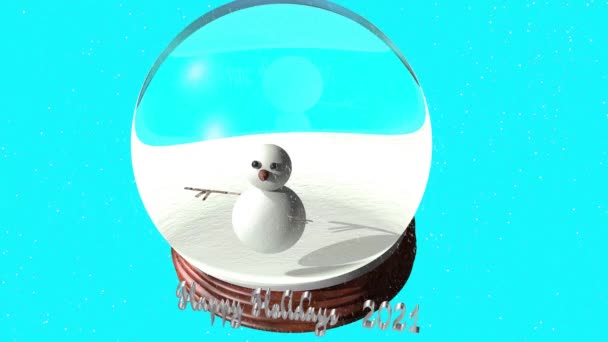Glass sphere containing a snowman with carrot nose and hands from tree branches button eyes with Happy Holidays 2021 lettering - Footage, Video