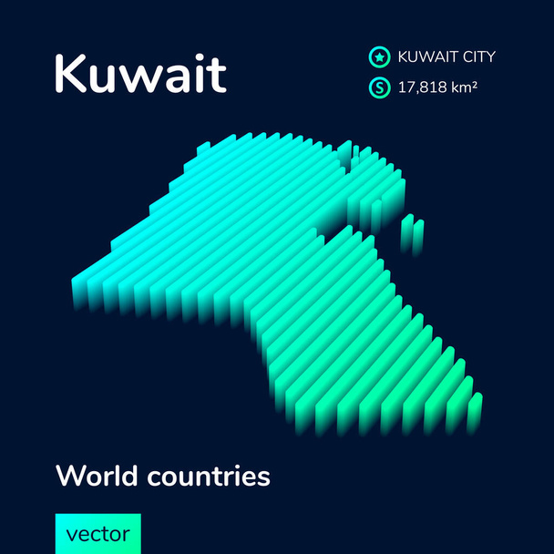 Carte vectorielle rayée isométrique numérique Koweït simple néon stylisée, avec effet 3d. Carte de Koweït est en vert, turquoise et les couleurs de la menthe sur le fond bleu foncé - Vecteur, image