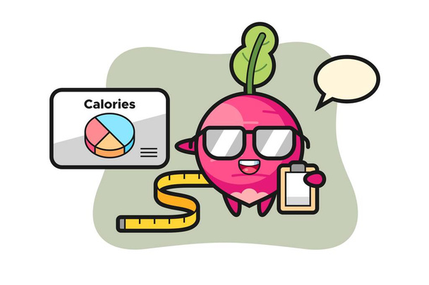 Illustration de la mascotte de radis en tant que diététiste, design mignon pour t-shirt, autocollant, élément de logo - Vecteur, image
