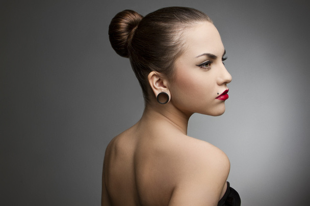 beautiful girl punk with tattu, piercing, red lipstick and perfect skin - Photo, Image