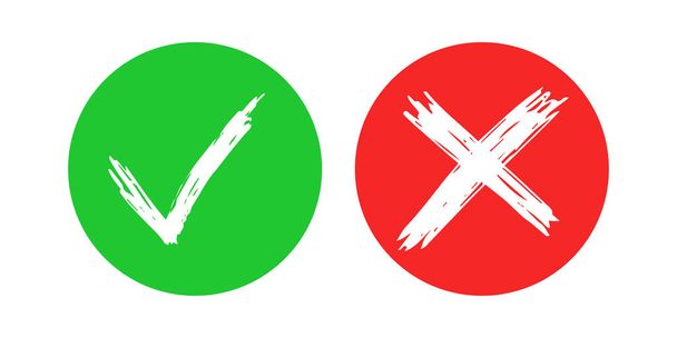 Elementos de jaque y cruz dibujados a mano aislados sobre fondo blanco. Marca de verificación de garabatos grunge OK en círculo verde y X en iconos de círculo rojo. Ilustración vectorial - Vector, Imagen
