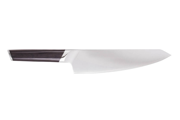 Nóż rzeźbiarski z drewnianą rączką izolowany na białym tle. Nóż kuchenny do rzeźbienia gotowanego mięsa w plasterki - Zdjęcie, obraz