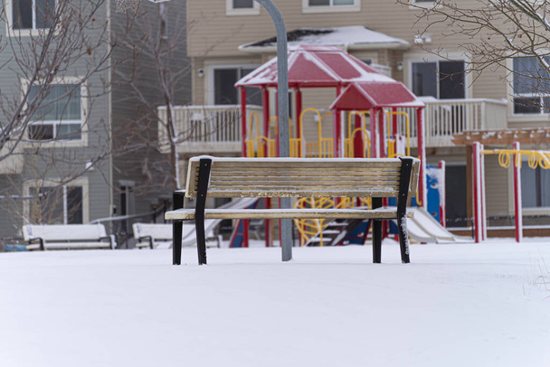 公園内の子供の遊び場の前の公園ベンチ - 写真・画像