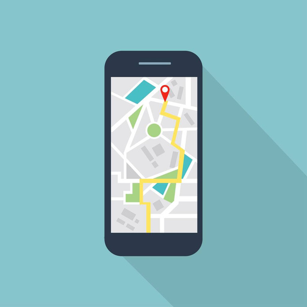 Mapa de navegación GPS, aplicación de mapas de teléfonos inteligentes y punto rojo en la pantalla.Mobile gps navigation and tracking concept. - Vector, Imagen