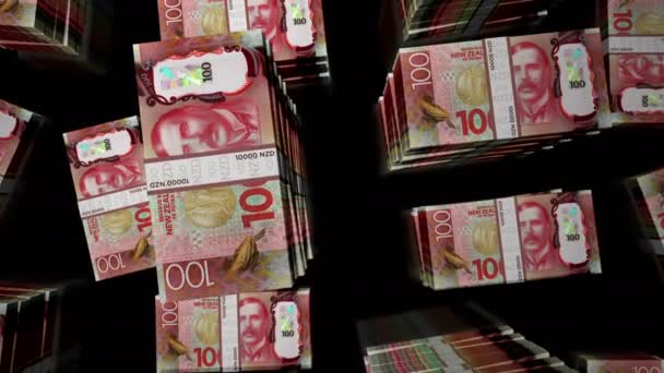 ニュージーランドドルのお金パックループ。紙幣の上を飛行すると上が見える。3Dループ可能なシームレスなアニメーション。成功、経済、危機、ビジネス、不況、債務、金融の抽象的な背景概念. - 映像、動画