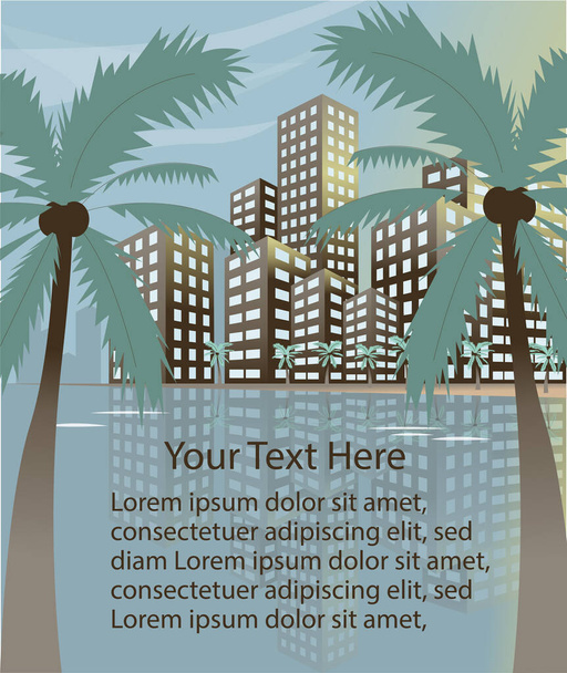 Summer beach concept downtown city with skyscrapers and palm trees banner or poster template. - Vector, Image
