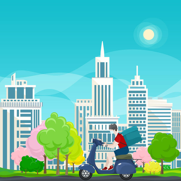 Молодой парень в защитной маске с коробкой для доставки еды ездит на голубом скутере на весеннем фоне красочных деревьев и городов, онлайн служба доставки и остаться дома концепции, вектор - Вектор,изображение