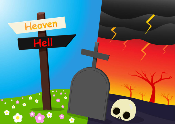 Heaven and Hell background with tombstone, vector art - Vector, Image