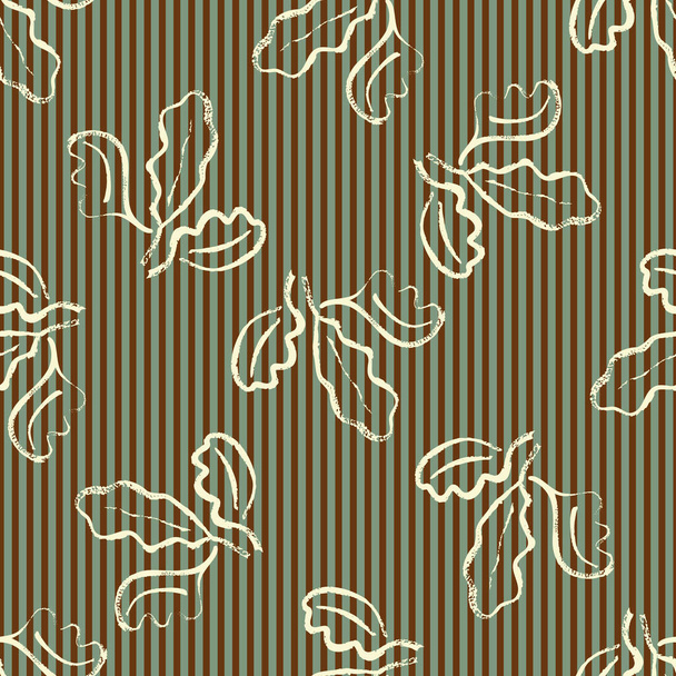 Oak leaf striped seamless vector pattern background. Simple calligraphy brush foliage clusters on sage green brown stripe backdrop. Minimal elegant outline design. Painterly style repeat for wellness - Vector, Image
