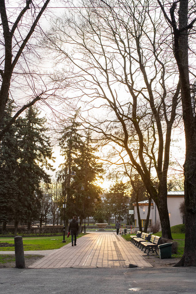 People are walking in a Ziedondarzs park during early hours with beautiful sunrise. Riga Latvia. - Photo, Image