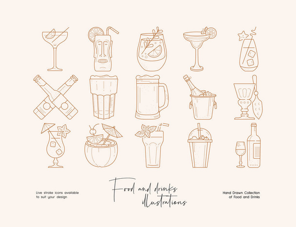 Hand drawn collection of line art cocktails, drinks illustrations. Template for branding, banner, poster, advertise. - Vector, Image