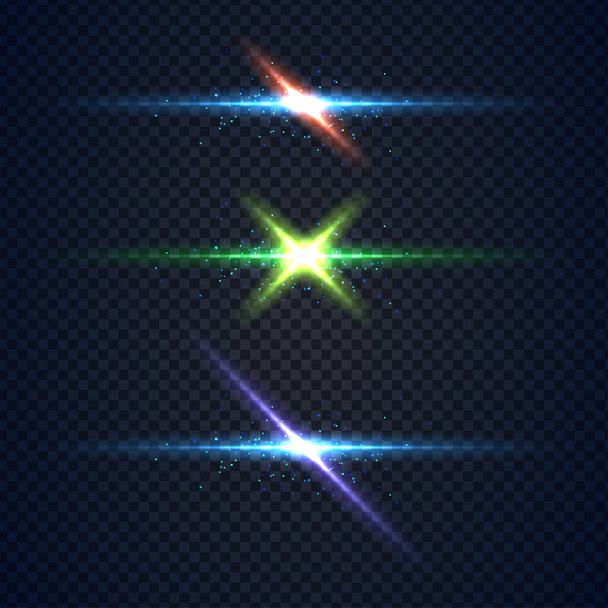 Efecto de luz de destello de lente brillante vector realista con estrellas y explosiones de destellos sobre fondo transparente - Vector, Imagen