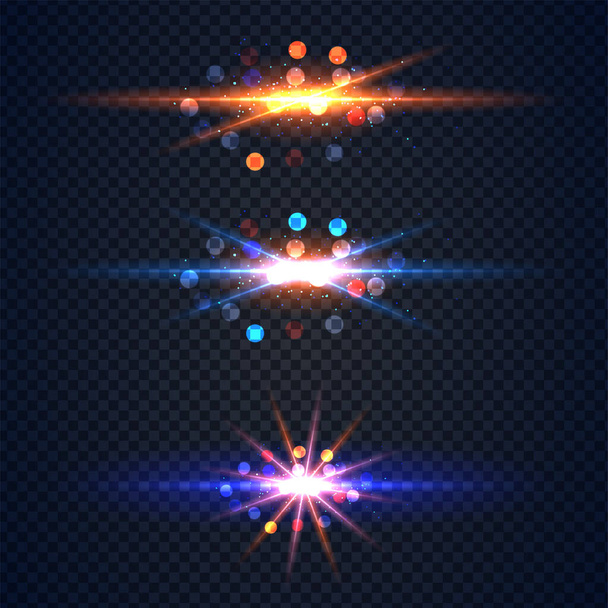 Ρεαλιστικό διάνυσμα λαμπερό φως φωτοβολίδα εφέ με αστέρια και λάμψεις εκρήξεις σε διαφανές φόντο - Διάνυσμα, εικόνα