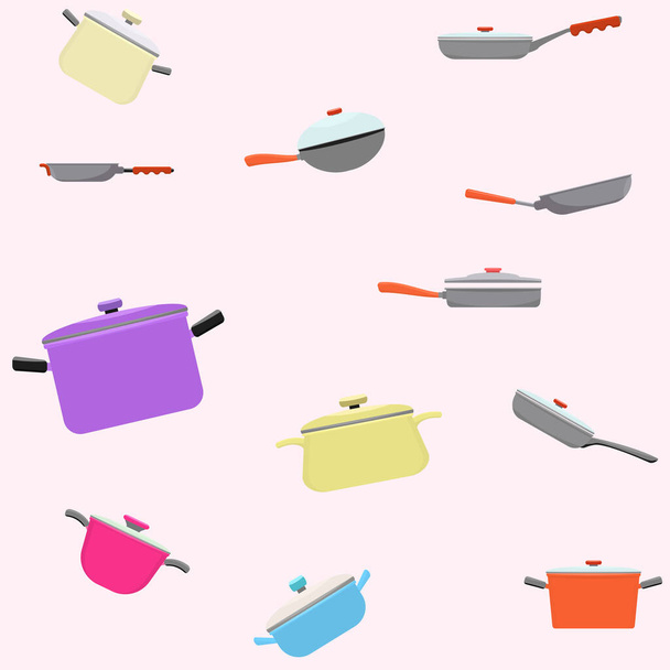 Kitchenware and cooking utensils colorful seamless pattern. Flat and solid color vector illustration. - Vector, Image