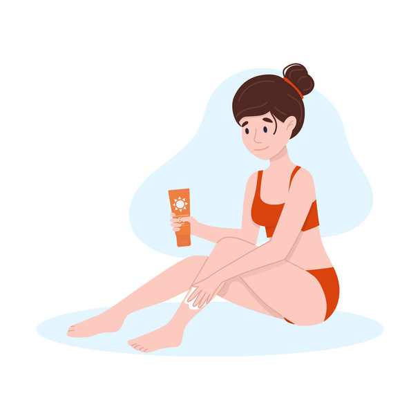 The woman is smeared with sunscreen. Self-care concept. - Vector, Image