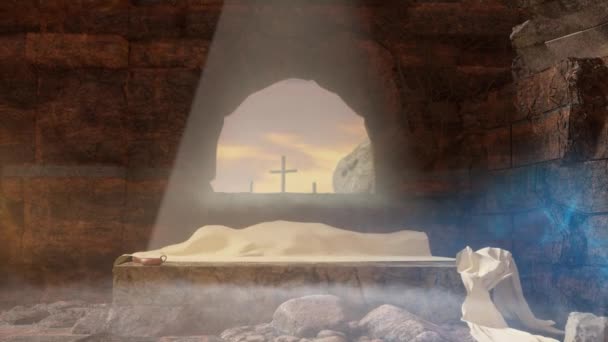 Crucifixión y Resurrección. Tumba vacía de Jesús con cruces en el fondo. Concepto de Pascua o resurrección renderizar 3d  - Metraje, vídeo