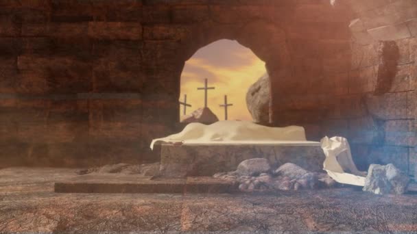 Crocifissione e Risurrezione. Tomba vuota di Gesù con croci sullo sfondo. Il concetto di Pasqua o Risurrezione rende 3d  - Filmati, video