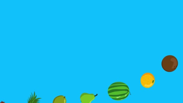 Gruppe von Früchten Animation, blauer Bildschirm, abnehmbarer Hintergrund, Chroma-Taste, flaches Cartoon-Design - Filmmaterial, Video