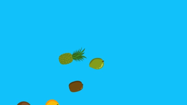 grupo de frutas animación, pantalla azul, fondo extraíble, croma key, diseño de dibujos animados planos - Imágenes, Vídeo