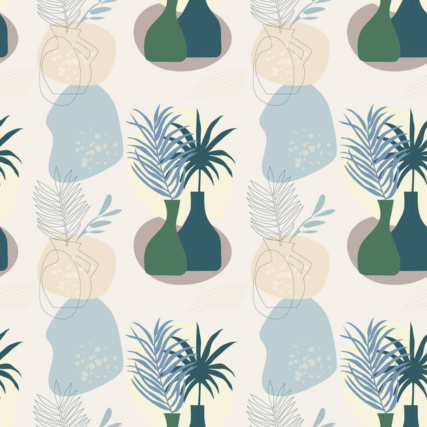 Naadloos patroon met abstracte compositie van eenvoudige vormen. Tropische palmbladeren in een vaas. Collage stijl, minimalisme. Pastel aardse kleuren. Vector achtergrond voor omslag, bedrukking voor kleding, textiel. - Vector, afbeelding