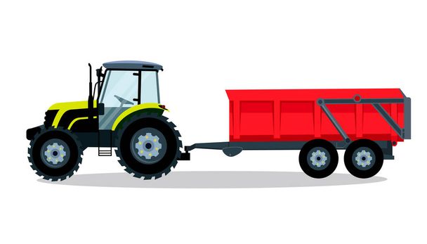 Lapos traktor pótkocsival fehér háttérrel. Világoszöld traktor ikon - vektor illusztráció. Mezőgazdasági traktor - mezőgazdasági szállítás lapos stílusban. Mezőgazdasági traktor waggon ikon illusztrációval - Vektor, kép