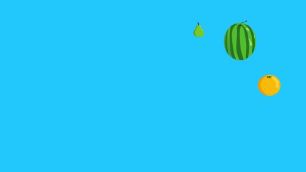 Gruppe von Früchten Animation, blauer Bildschirm, abnehmbarer Hintergrund, Chroma-Taste, flaches Cartoon-Design - Filmmaterial, Video