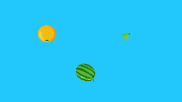 grupo de frutas animación, pantalla azul, fondo extraíble, croma key, diseño de dibujos animados planos - Imágenes, Vídeo