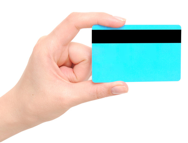χέρι που κατέχουν πιστωτική κάρτα που απομονώνονται σε λευκό - Φωτογραφία, εικόνα