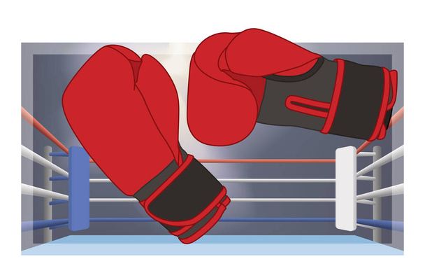 γάντια πυγμαχίας κόκκινα, με δαχτυλίδι πυγμαχίας στο παρασκήνιο - Διάνυσμα, εικόνα