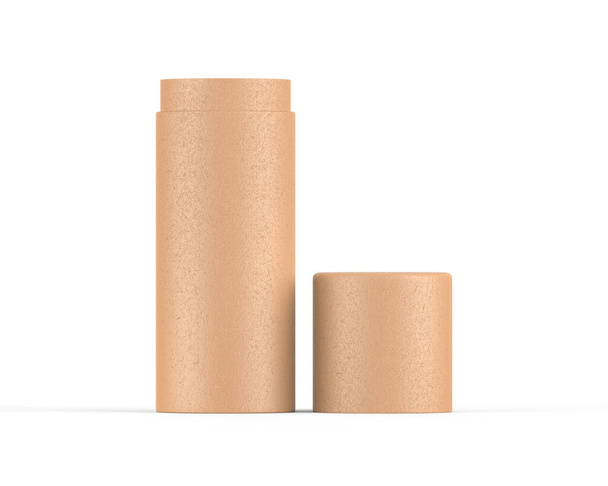 El tubo de papel marrón empuja hacia arriba la plantilla de la maqueta de lata en el fondo blanco aislado, listo para la presentación del diseño, ilustración 3d - Foto, Imagen